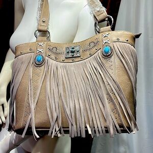 NWT brown leather conceal carry purse with turquoise,fringes, tan color